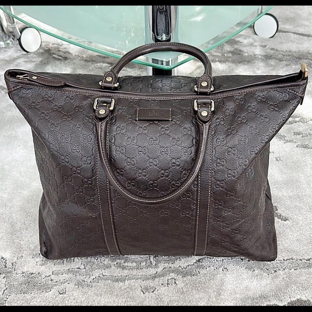 Authentic Gucci Dark Brown GG Guccissima Patterned Brown Leather Carryall Bag